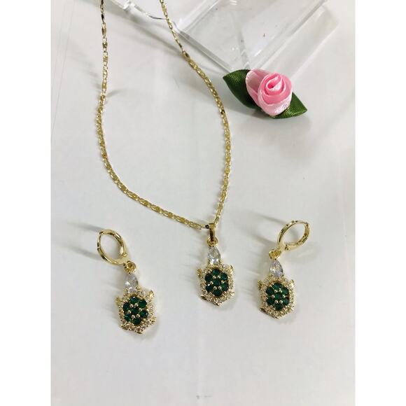 18K Gold Filled Oro Laminado Turtles Pendant Thin Necklace & Earring Set 18" - Picture 1 of 5